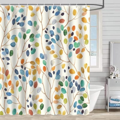 Kleurvolle Waterdichte Douchegordijn met Bloemen en Bladeren, Inclusief 12 Haakjes, 182 x 183 cm voor Badkamerdecoratie en Privacy