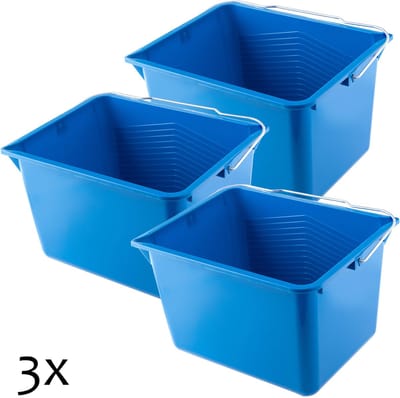 KADAX Verfemmer, vierkante kunststof schilderemmer met metalen handvat, stabiele wateremmer met gietrand, voor renovatie, tuin, poetsemmer, rechthoekig, licht (8 l, 3 stuks, blauw)
