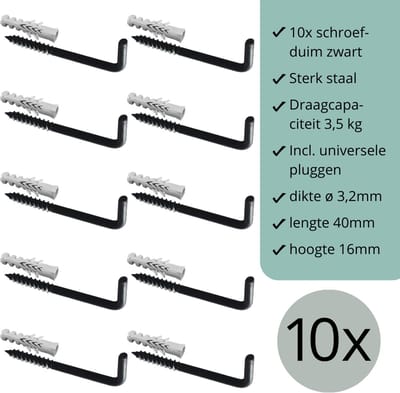 Schroefduimen Zwart - 10 stuks - 40mm x 16mm x ø3,2mm (schroef haak - schroef duim - ophang haak - wand haak)