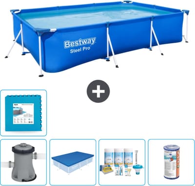 Bestway Rechthoekig Steel Pro Zwembad - 300 x 201 x 66 cm - Blauw - Inclusief Pomp Afdekzeil - Onderhoudspakket - Filter - Vloertegels