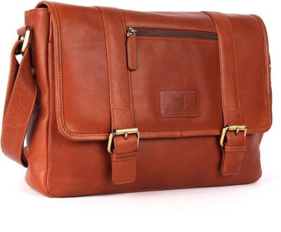 DE LAMASSU® (Lucian) leren schoudertas – 35 × 24 × 7 cm, laptoptas 13,3 inch, bruin, waterafstotend, met magneetsluiting