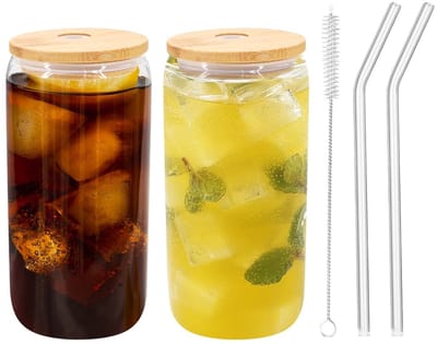 Dailygoods - Blikvormige Bamboe Deksels Drinkglazen met Rietjes - 500 ml Set van 2