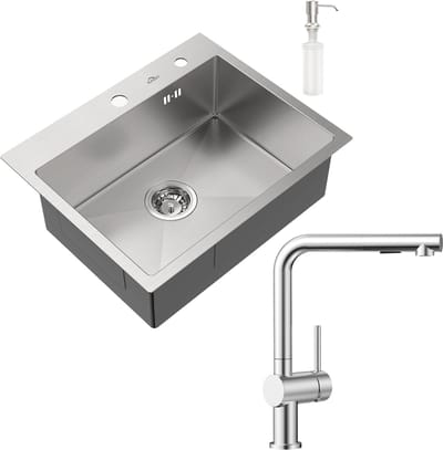 Auralum max Spoelbak Keuken 55 x 45CM - Spoelbakken Keuken Met Uittrekbare Uitloop Keukenkraan - Spoelbak Met Kraangat - Spoelbak met Afdruipgedeelte - Zilver