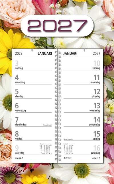 MGPcards - Omlegweekkalender 2027 - Week begint op zondag - 21 x 34 cm - Bloemen