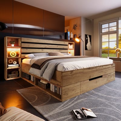 Bed 160x200 met LED Verlichting en USB/Type-C - Houten Opbergbed met Lades en Planken - Eiken Look