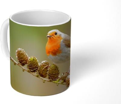 Mok - Koffiemok - Vogel - Roodborstje - Dennenappel - Tak - Herfst - Mokken - 350 ML - Beker - Koffiemokken - Theemok