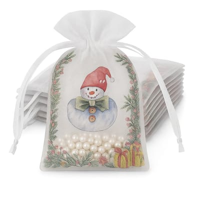 20x Kerst Organza Zakjes Met Print - Organza Met Opdruk - 10x15cm - Feestzakjes - Snoepzakjes - Cadeauzakjes - Uitdeelzakjes - Sieradenzakjes - Kerst - Kerstmis - 10x15 cm - Wit - 20 Stuks