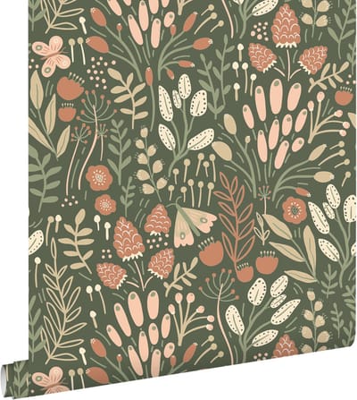 ESTAhome behang bladeren en bloemen groen en terracotta - 50 x 900 cm - 131383