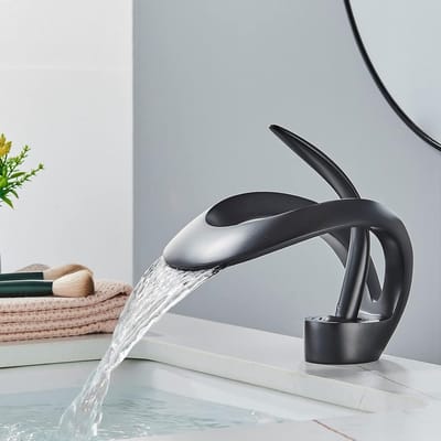 Badkamer Watervalkraan, Zwarte Watervalkraan met Verstelbare Temperatuur, Badkamer Wastafel Kraan, Eengats Messing Wastafelkraan, Keramische Ventielkern, Zwarte