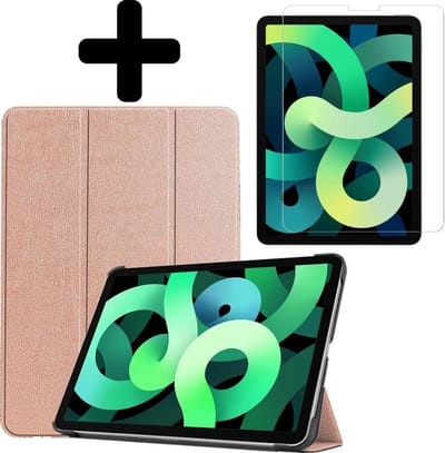 Hoes - Geschikt voor Apple iPad Air 4 (2020) - 10.9 inch - 4e Generatie - Met Screenprotector - Trifold Bookcase - Hard Cover - Hardcover Book Case - Tablet Hoesje - Rosé goud