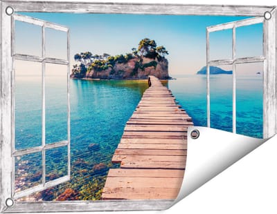 Gards Tuinposter Doorkijk Pad op het Water naar een Grieks Eiland - 60x40 cm - Tuindoek - Tuindecoratie - Wanddecoratie buiten - Tuinschilderij