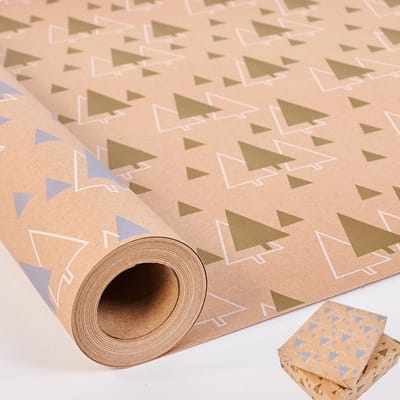 Inpakpapier Rol, Dubbelzijdig Kerst Inpakpapier, Goud Zilver Kerstboom Ontwerp Bruin Kraft Inpakpapier voor Kerstdecoratie Feest DIY Knutselen, 43cm*10m