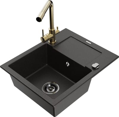 Mexen Enzo granieten spoelbak met 1 bak met afdruiprek en keukenmengkraan Duero, zwart/goud metallic - 6506-75-671600-50-B