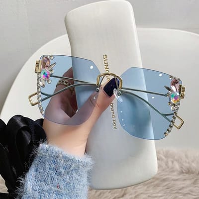 Zonnebril met ingelegde diamanten voor dames B Home Frameloos Geslepen Rand Mode Metalen Groot Montuur Zonnebril Zonnebril [Source factory straight hair]
