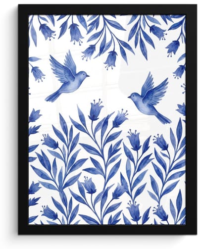 Poster in lijst - Fotolijst 30x40 cm - Posters - Modern - Vogels - Delfts - Blauw - Posterlijst zwart - Decoratie - Wanddecoratie woonkamer - Muurdecoratie slaapkamer