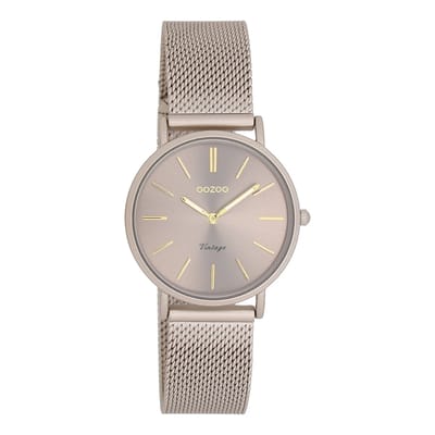 OOZOO Vintage series - Taupe horloge met taupe metalen mesh armband - C20338