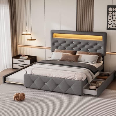 Tweepersoons gestoffeerd bed met uitschuifbed en lichtstrip - 140 x 200 cm