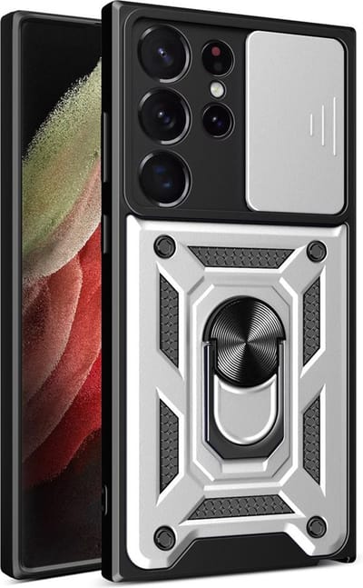 MobyDefend Hoesje - Geschikt voor Samsung Galaxy S23 Ultra - Pantsercase Met Draaibare Ring - Zilver