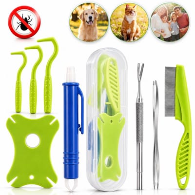 Tomec® Complete Tekentang Set 8-delig – RVS Tekentang & Tekentang, Tekenpincet, Tekenhaak, Tekenkaart, Tekenkam & Opbergetui – Tekenverwijdering Set voor Hond & Kat – Tekenverwijderaar