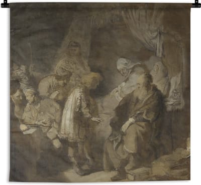 Wandkleed Rembrandt van Rijn - Jozef vertelt zijn dromen aan zijn ouders - Schilderij van Rembrandt van Rijn Wandkleed katoen 120x120 cm - Wandtapijt met foto