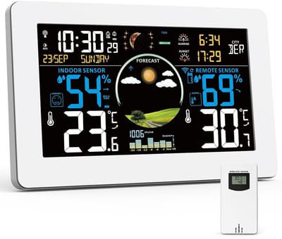 Weerstation Draasloos Binnen/Buiten - Draadloze Weerstation - Multifunctioneel - Groot 7,5 Inch Scherm - Buiten Sensor - Voor Binnen en Buiten Gebruik