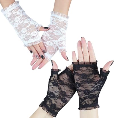 Elegante Lace Handschoenen voor Dames - Dunne Halve Vingerhandschoenen voor Zomer, Retro Design en Zonnebescherming, Zwart, M