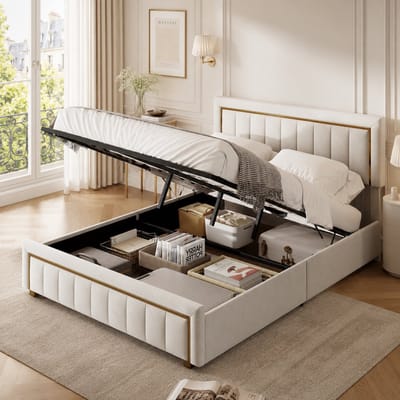 Opbergbed 140x200 cm met hydraulische opbergruimte, tweepersoonsbed met lattenbodem en hoofdbord, gestoffeerd voor volwassenen en tieners, fluweel Beige
