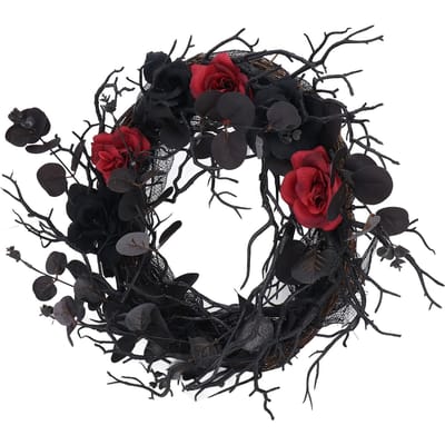 Couronne d'Halloween Noir Mort ABS Branches Artificielles Design avec Fleur Rouge Couronne de Porte Guirlande pour black