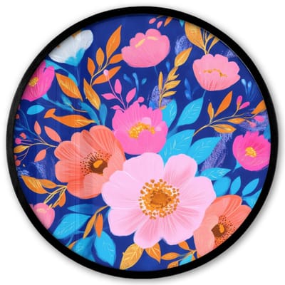 Poster in lijst Rond - Fotolijst 40x40 cm - Posters - Bloemen - Blauw - Roze - Ronde posterlijst zwart - Decoratie - Wanddecoratie woonkamer - Muurdecoratie slaapkamer