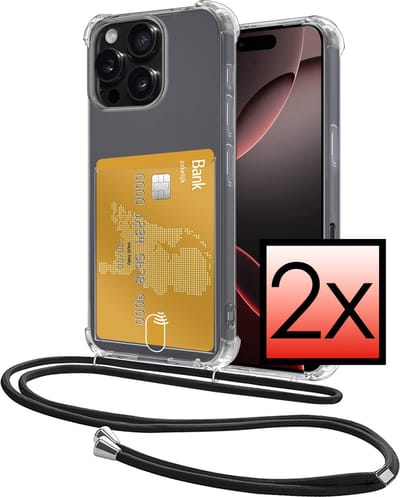 Hoes Geschikt voor Apple iPhone 16 Pro Hoesje Pasjeshouder Cover Met Koord Shock Proof Case Siliconen Hoes Met Telefoonkoord en Kaarthouder - Transparant - 2 PACK
