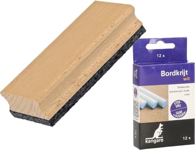 Kangaro krijtbord wisser van 12 cm - hout - Met 12x witte krijtjes - schoolborden beschrijven