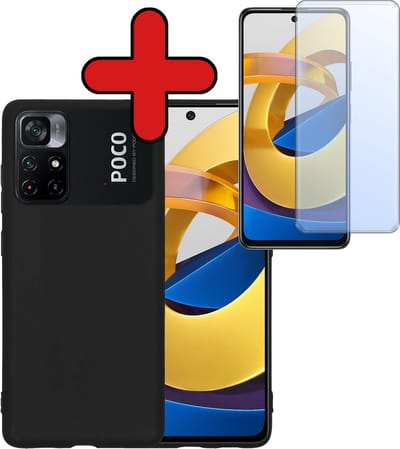 Hoesje - Met Screenprotector - Geschikt voor Xiaomi Poco M4 Pro 5G - Sterk & Shockproof - Telefoon Hoes - Back Cover - Siliconen Case - Telefoonhoes - Zwart