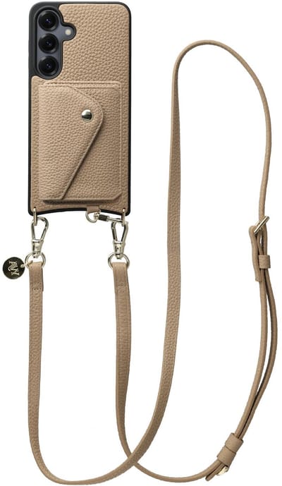 AVY Leren Hoesje geschikt voor Samsung Galaxy S25 / S24 | Met Koord en Magnetische Kaarthouder | Compatibel met MagSafe | Leather Case met 130CM Koord & Wallet | Long Leather | Beige