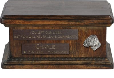 Houten urn voor Bedlington, Rothbury en Rodbery Terrier met gravure