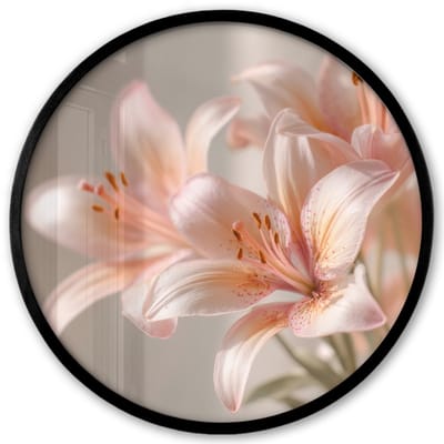 Poster in lijst Rond - Fotolijst 40x40 cm - Posters - Lelies - Meeldraden - Roze - Wazig - Ronde posterlijst zwart - Decoratie - Wanddecoratie woonkamer - Muurdecoratie slaapkamer