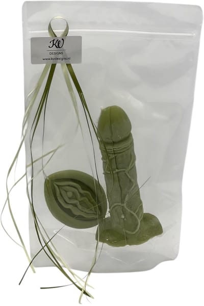 KV DESIGNS Piemel & Vagina Kaarsen Cadeauset - Kaarsen Cadeauset - Handgemaakt van Koolzaadwas - Erotisch Cadeau - Cadeauklaar Verpakt - licht groen