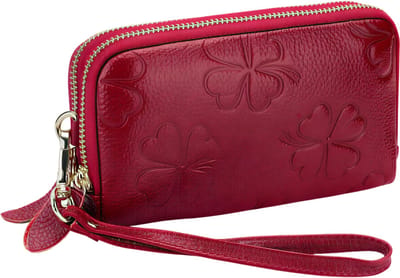 Kunstleer Dames Lange Portemonnee met Dubbele Rits – Klavertje Vier Kaarthouder Luxe Clutch – Rood – Leuke Geldzak met Ruimte voor Pasjes, Telefoon en Contant Geld voor Dagelijks Gebruik