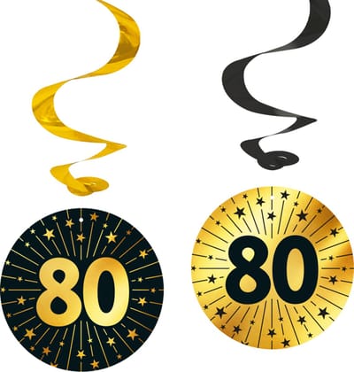 4x Swirls 80 jaar zwart / goud - Golden Celebrations - Verjaardag Feestje Hangdecoratie Versiering Feestdecoratie Decoratie