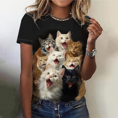 Dames T-shirt Cartoon Dier 3D Print T-shirt Casual O-Hals Korte Mouw Streer Vrouw Zomer Losse Tee Tops Y2k Kleding 6XL black