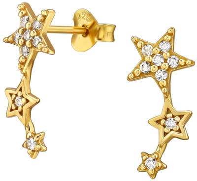 Joy|S - Zilveren ster oorbellen - 3 sterren - 7 x 16 mm - zirkonia - sterling zilver 925 - gold plated