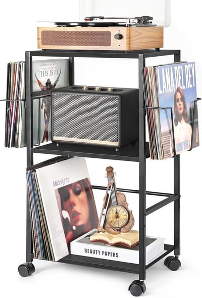 Platenspeler Meubel Vinyl Opbergkast - Maximale Opbergruimte - 3 Niveaus - Houten & Metalen Frame - Voor Woonkamer Slaapkamer - LP Kast Vinyl Record Stand Side Table Platenrek