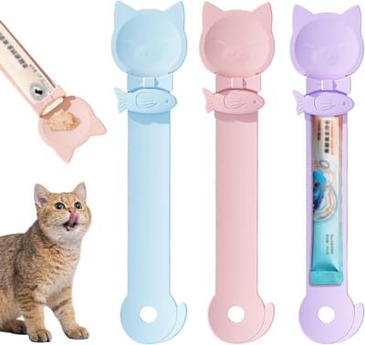 Multifunctioneel voederstation voor katten, 3 stuks voederdispenser met knijplepel, ideaal voor snacks en natvoer, perfect voor gelukkige katten