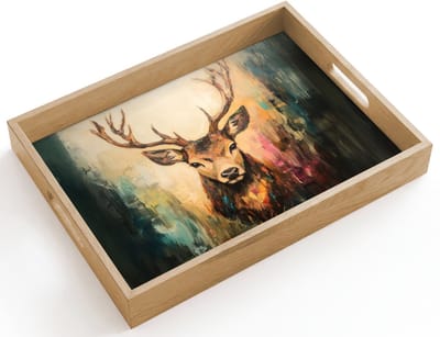 Dienblad hout 40x30 cm - Schootdienblad - Hert - Geverfd - Gewei - Bruin - Borrelplank rechthoek - Plateau dienbladen