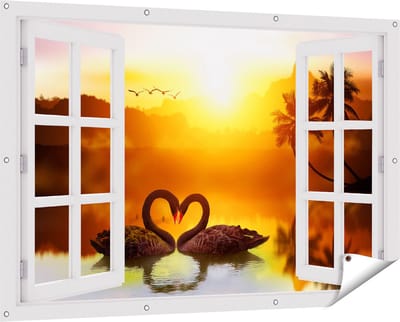 Gards Tuinposter Doorkijk Twee Zwarte Zwanen in een Hart Vorm - 150x100 cm - Tuindoek - Tuindecoratie - Wanddecoratie buiten - Tuinschilderij