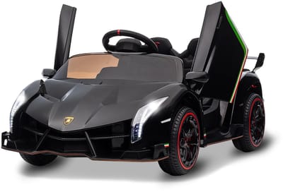 Danky Elektrische Kinderauto Lamborghini Officieel Gelicentieerde 12V - Witte Luxe Accuvoertuig met Afstandsbediening, Lederen Zitje, EVA-Banden & Bluetooth - Geschikt voor Kinderen van 3 tot 8 Jaar - Zwart