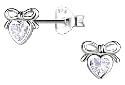 Joy|S - Zilveren hartje met strikje oorbellen - zilver met zirkonia - 6 x 6 mm - sterling zilver 925