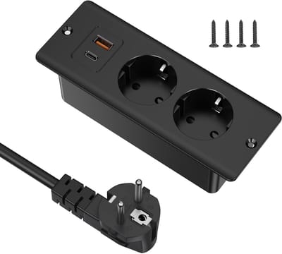 Tafelaansluiting met 2 USB-poorten en 2-voudige stekkerdoos, 2 meter kabel voor meubels en werkplekken