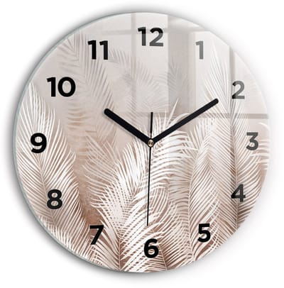 Wallfluent Wandklok - Tropische boho-bladeren Unieke Wandklok - 30 cm x 30 cm - Grijs Wandklok - Zwarte Handen - Wandklok Met Cijfers - Wandklok voor in de Keuken - Ronde Glazen Wandklok - Industrieel Wandklok - Unieke Wandklok
