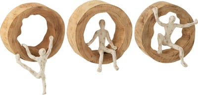 J-Line wanddecoratie Figuur Klimmen - hout/aluminium - naturel/wit - 3 stuks