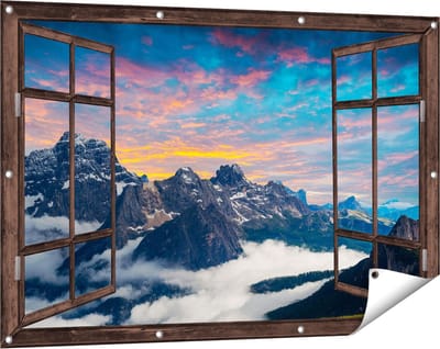Gards Tuinposter Doorkijk Bergen Landschap met Wolken in Italië - 120x80 cm - Tuindoek - Tuindecoratie - Wanddecoratie buiten - Tuinschilderij